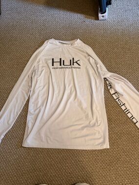 Huk White Long Sleeve Performance Fishing Shirt with Black Logo